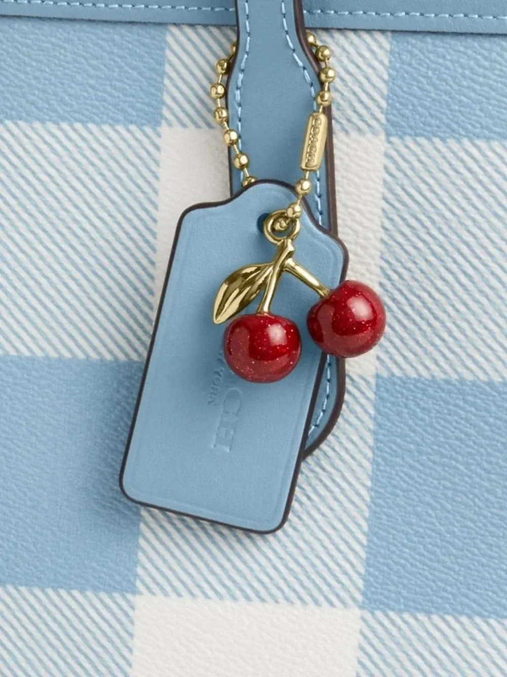 Coach Medium City Tote Bag: Blue & White Gingham Print With Cherry Bag Charm